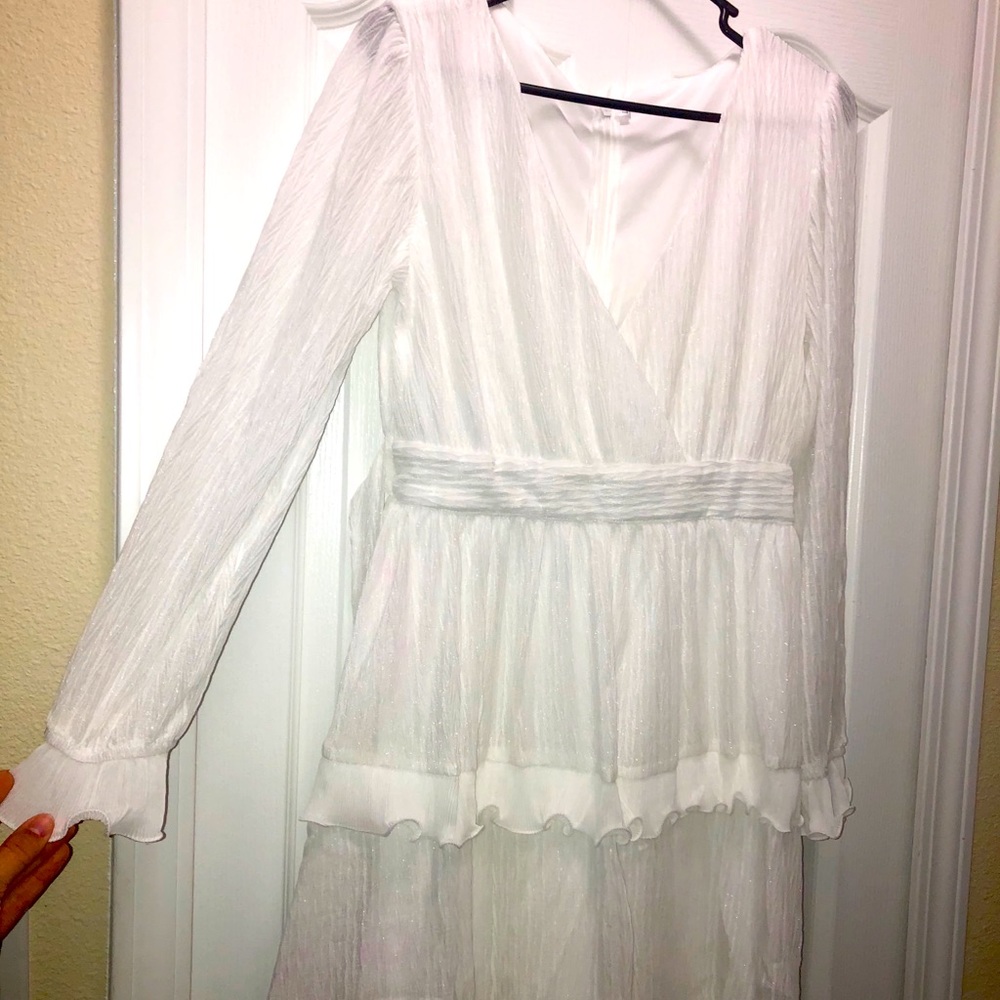 White Dress Sheer Long Sleeves Large V Neck